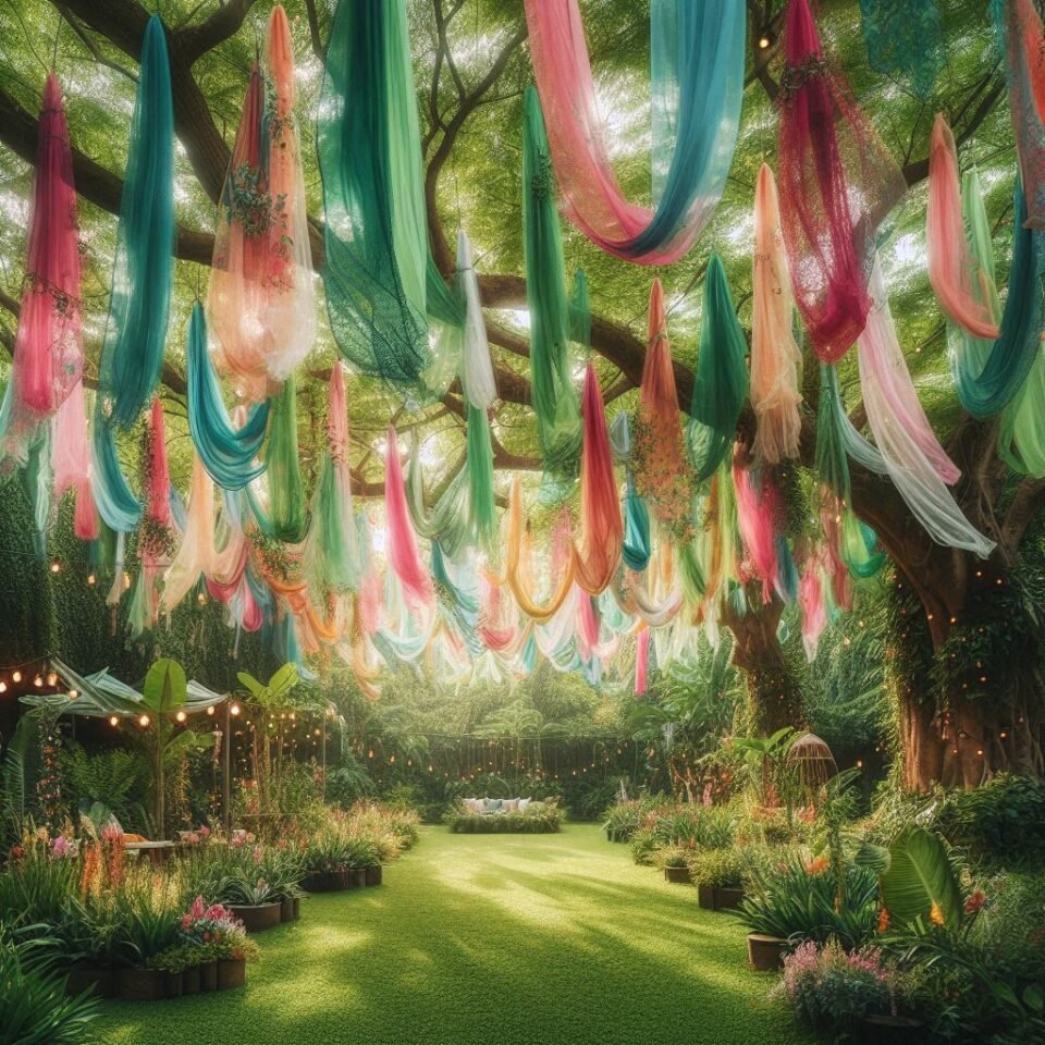 Picture of fabrics hanging on green trees