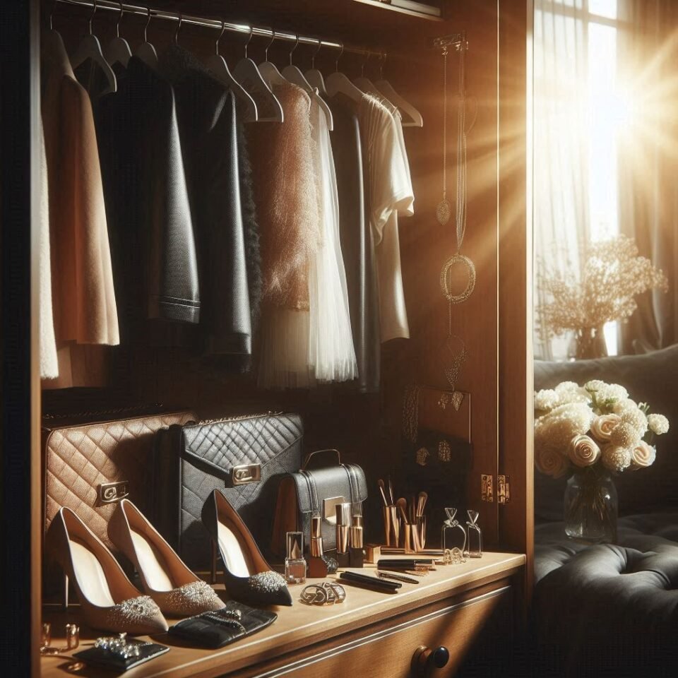 Photo of a women's accessories collection inside an open wardrobe